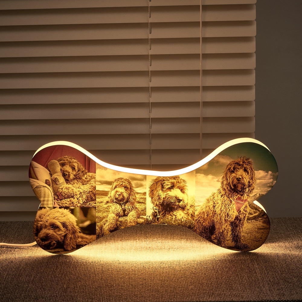 Personalized bone night light with 5 photos. Warm LED glow and USB powered.