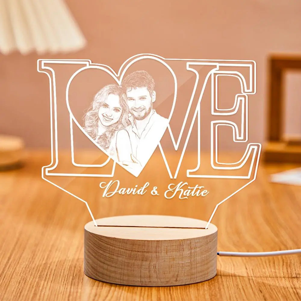 Personalized LOVE 3D Acrylic Night Light with Photo Engraving. Featuring names, a perfect gift.