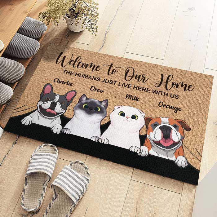 Personalized Welcome to Our Home Pet Doormat with Custom Pet Portraits - Cat & Dog, Funny Doormat.