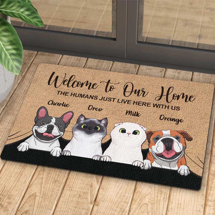Custom pet portrait doormat, 'Welcome to Our Home' message, cat and dog design.