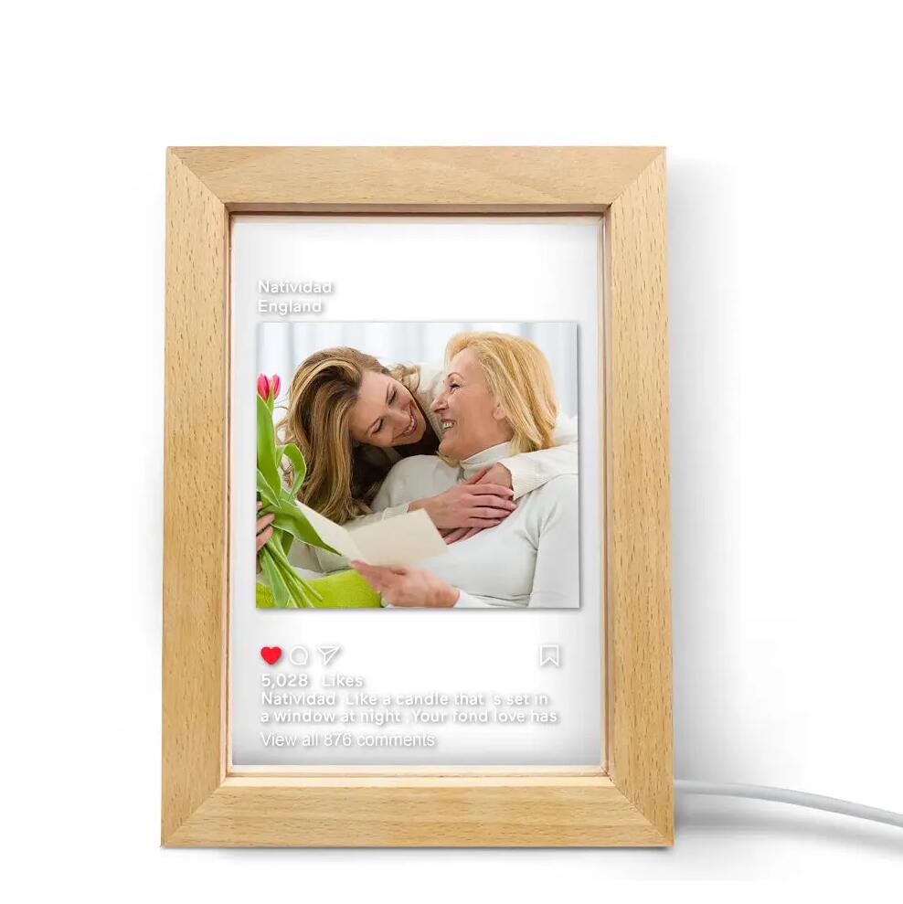 Personalized LED Night Lamp Picture Frame with Photo and Text, Warm Light, Wooden Frame.
