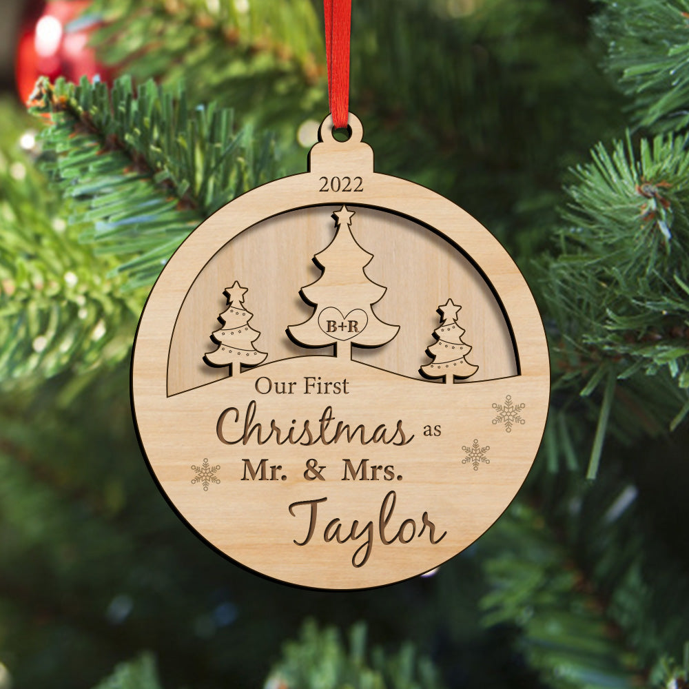 Personalized Our First Christmas Wooden Ornament for Newlyweds - Custom Name & Date