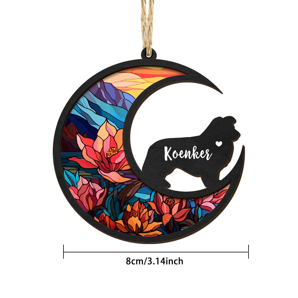 Personalized dog memorial suncatcher with "Kirelay" name, stained glass pet sympathy gift, custom loss of dog ornament.