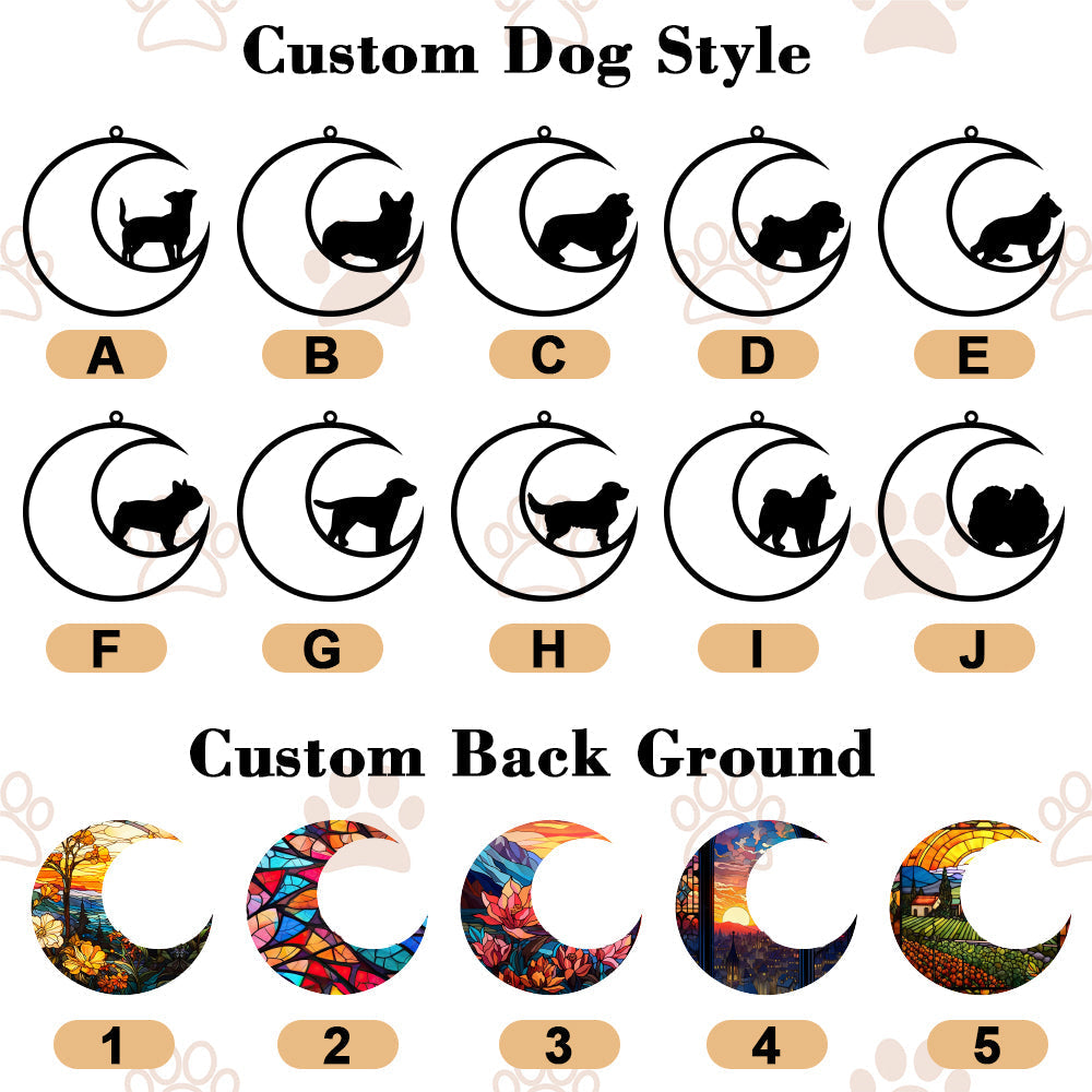 Personalized Dog Memorial Suncatcher customization options: dog silhouettes A-J, background designs 1-5.
