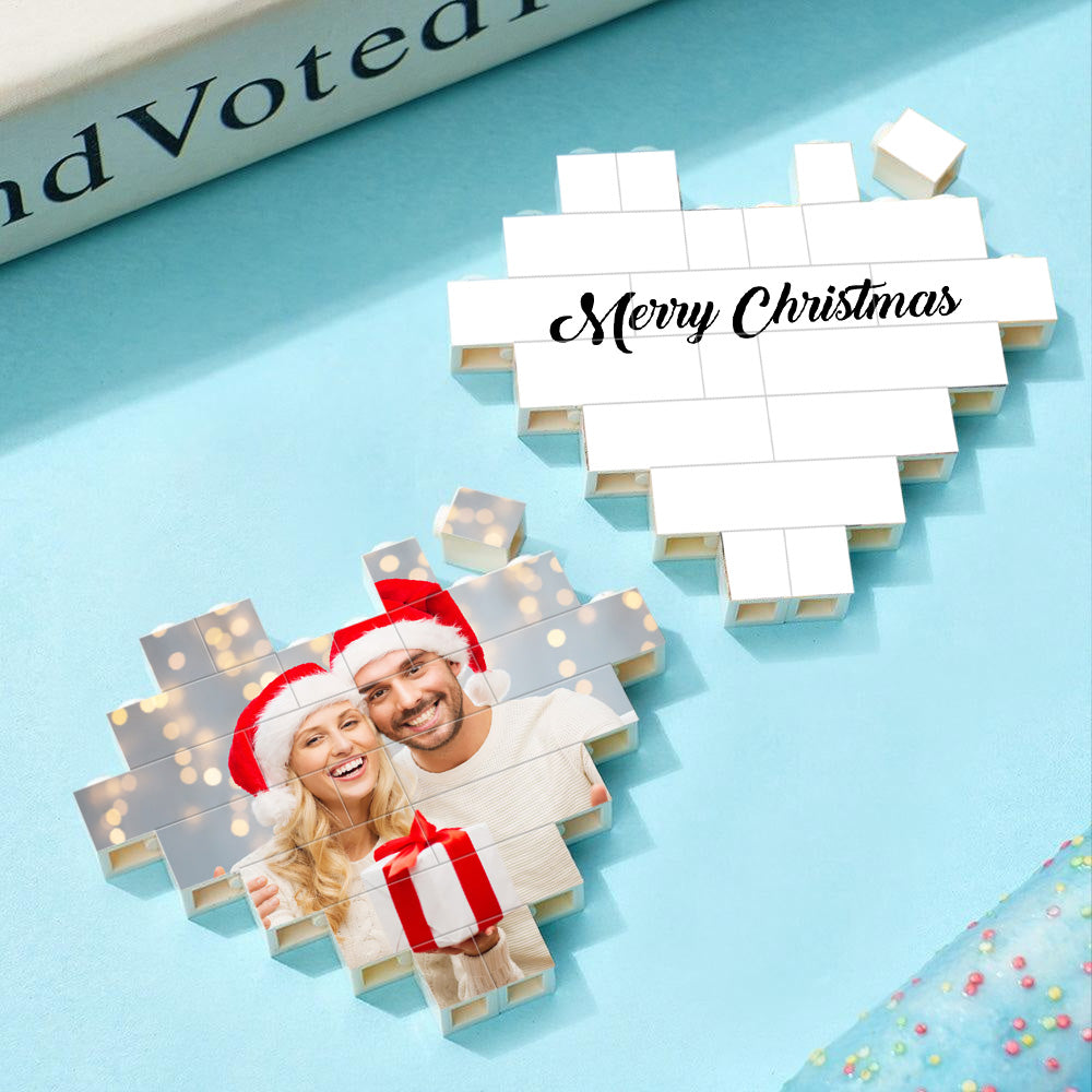 Personalized Heart Shaped Photo Block with Merry Christmas message, building block style, perfect Christmas gift