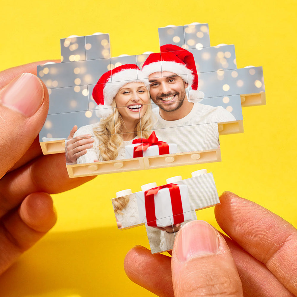Personalized Christmas photo block, heart-shaped couple image. Building brick style gift.
