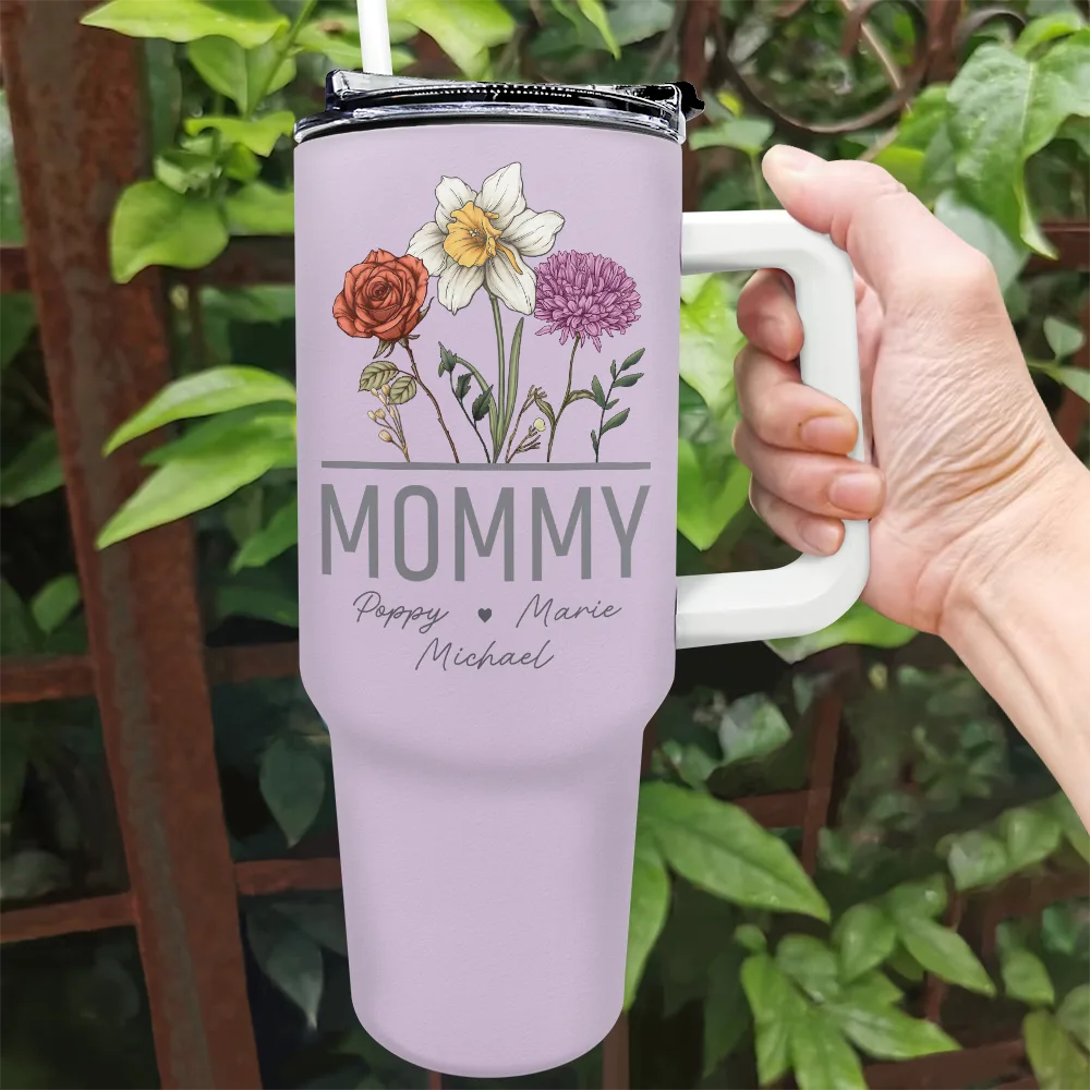 Mommy personalized 40oz tumbler with birth flowers. Lavender insulated stainless steel cup with handle and straw.