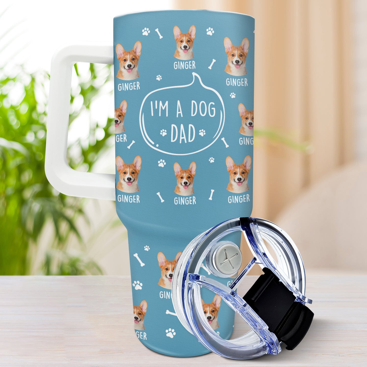 Custom dog tumbler with "I'm A Dog Person" design, blue and dog pattern, perfect gift for dog lovers.