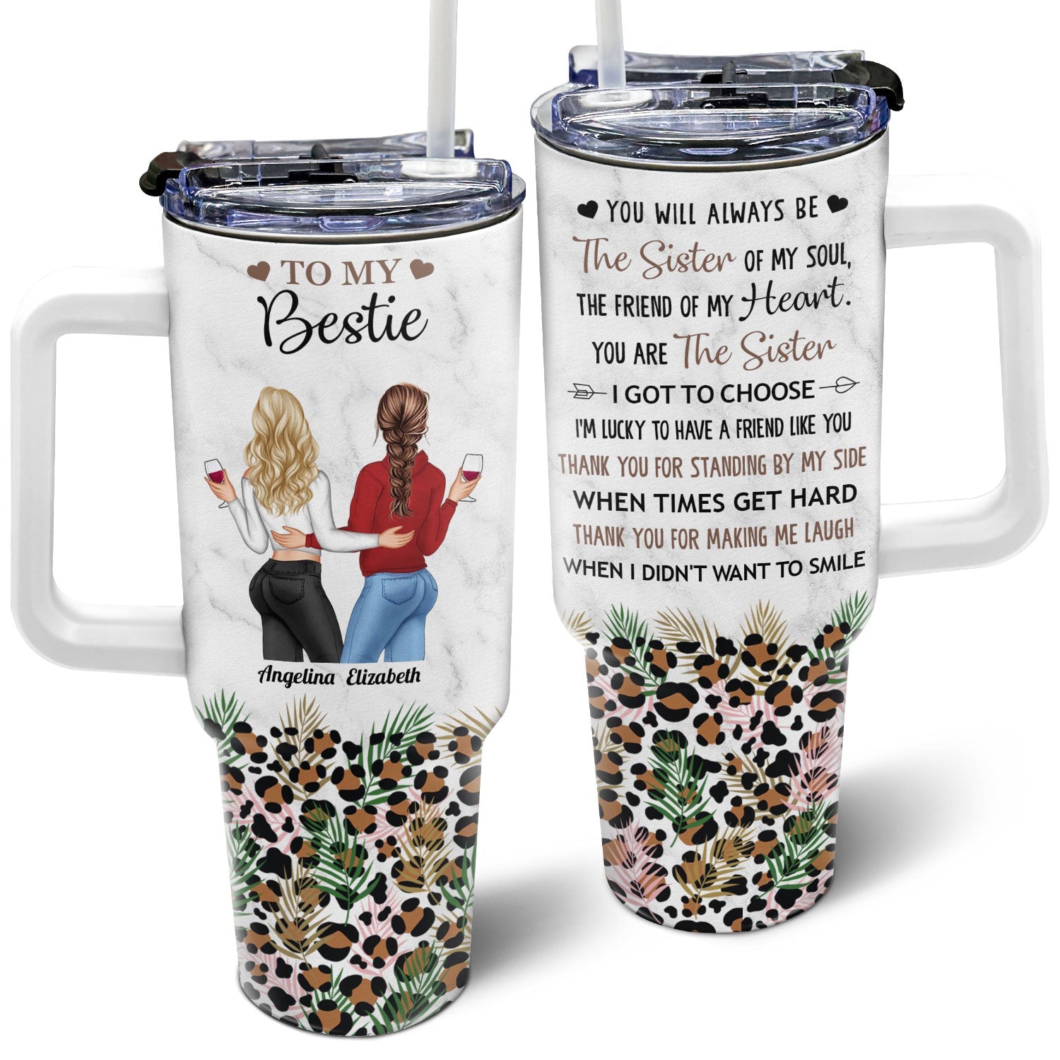 Personalized best friend tumbler with straw, featuring a 'Bestie' design and leopard print, perfect for gifts.