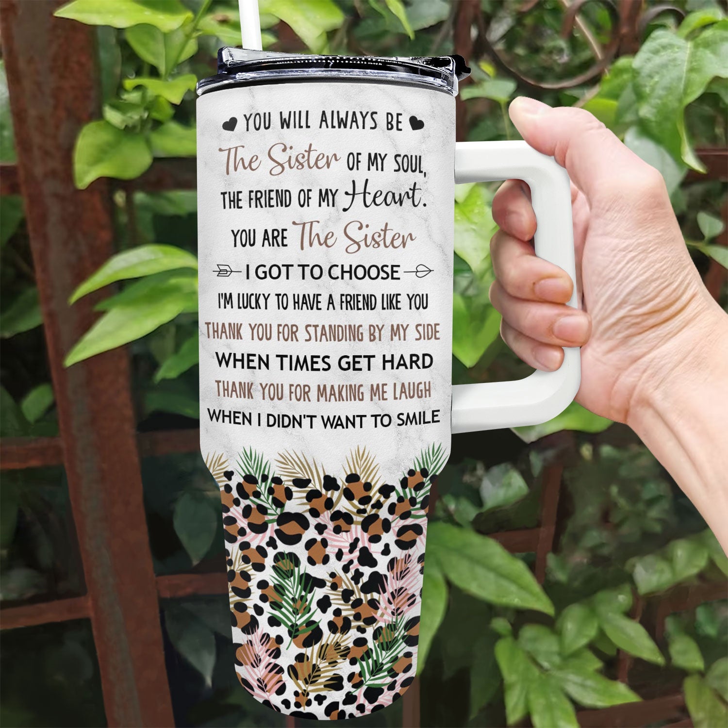 Personalized 40oz tumbler with straw, 'Bestie' message and leopard print design, perfect birthday gift for best friends.
