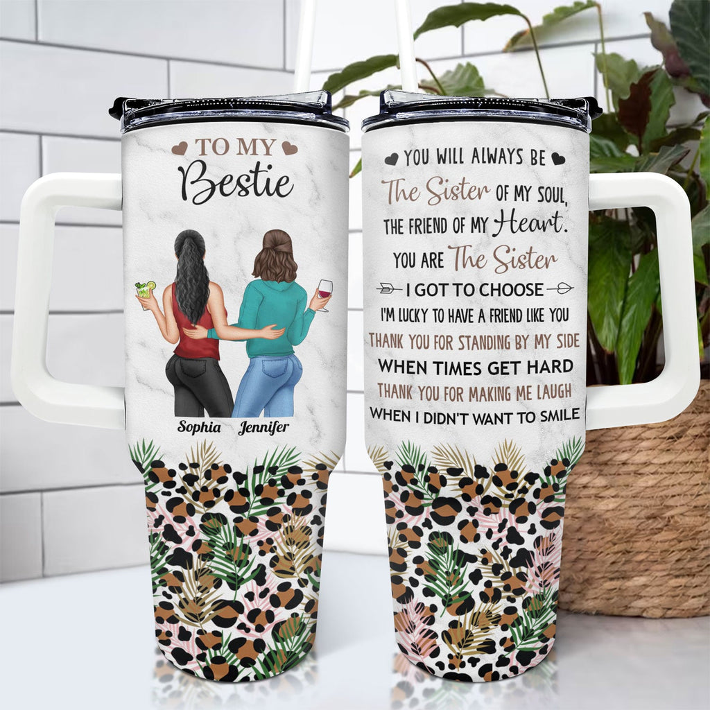Personalized Bestie 40oz tumbler with leopard print and custom design, perfect gift for best friends.