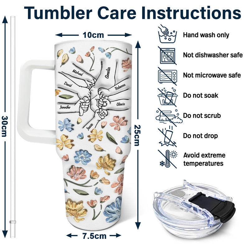 40oz Hand In Hand Tumbler Care: Hand wash only, gift for Mom, with dimensions and straw.