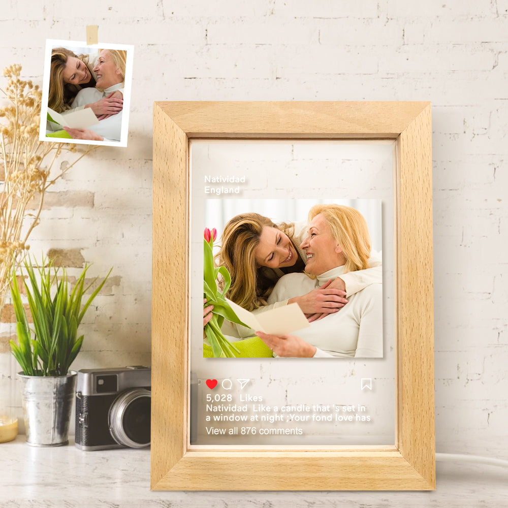 Custom Instagram LED Night Lamp Picture Frame, warm light, featuring a photo and text, perfect for unique gifts.