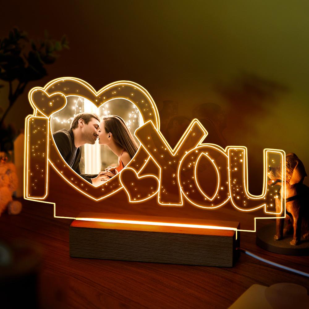 Personalized I Love You Photo Night Light - Acrylic lamp with wooden base, ideal for home decor and a unique gift.