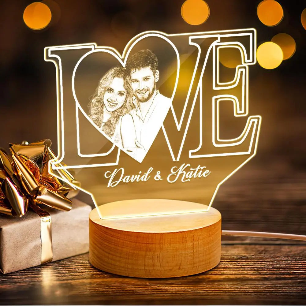 Personalized LOVE 3D acrylic night light with photo engraving. David & Sophia names displayed. Perfect gift for couples.