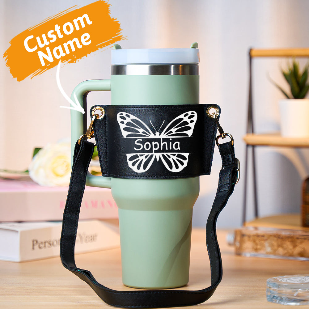 Personalized Black Butterfly Water Bottle Carrier for 40oz Stanley Tumbler with Adjustable Strap - Custom Name Gift