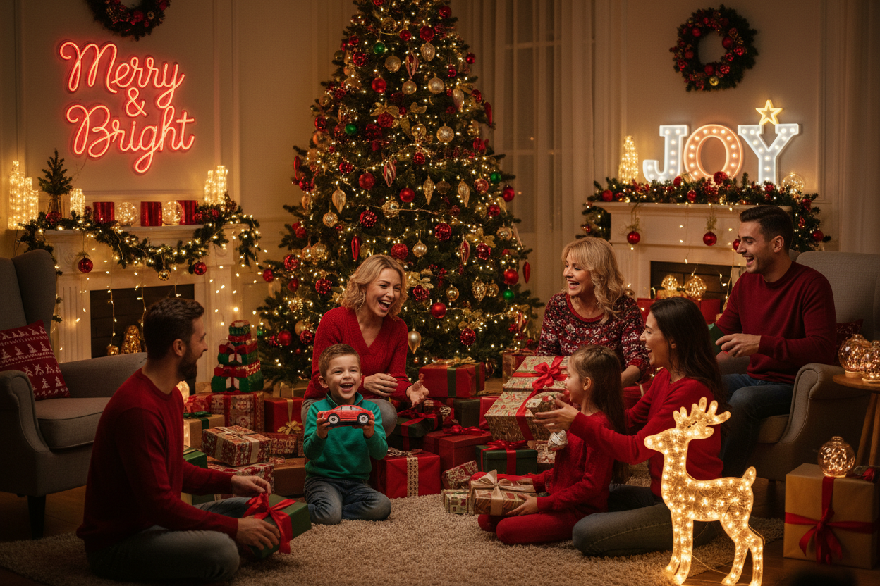 People during christmas playing with presents Like light signs etc